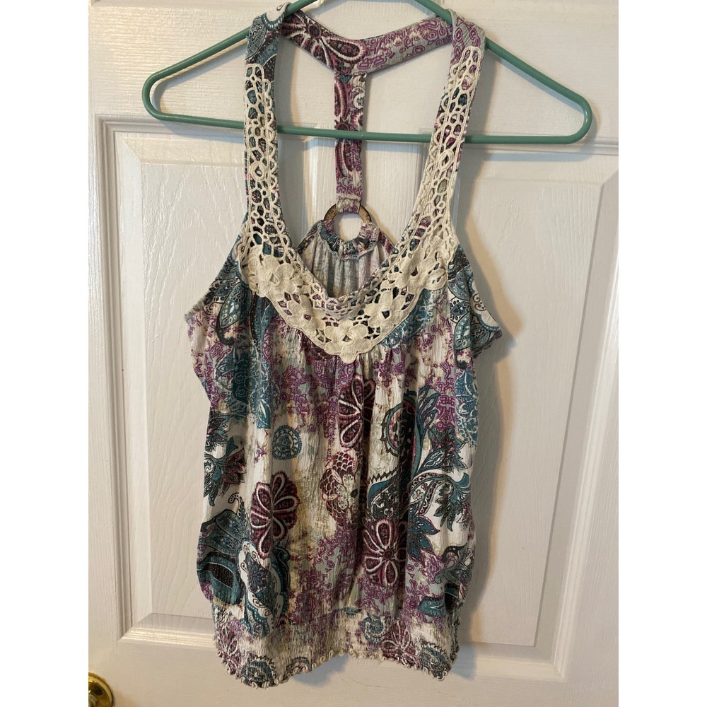 No Boundaries Paisley Crochet Lace Trim Racerback Tank Top Large 11-13 Boho